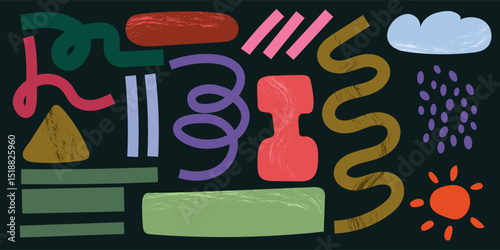 Set collection of grunge doodles abstract modern minimalist hand drawn shapes, curls, forms and doodle.