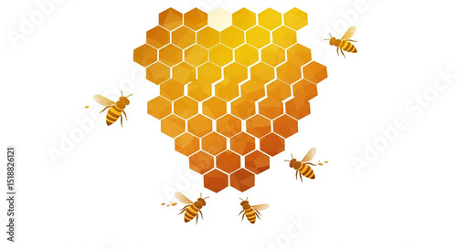 Honeycomb and bees on white background Illiustration