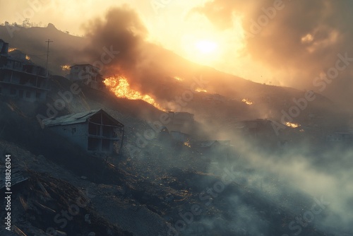 Urban Wildfire Devastation. Dramatic Sunset Over Burning Landscape