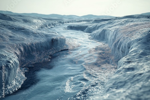 Ocean Landscape & Nature. Surreal Seascape with Ice River and Glacier Reflections in a Tranquil Frozen Environment