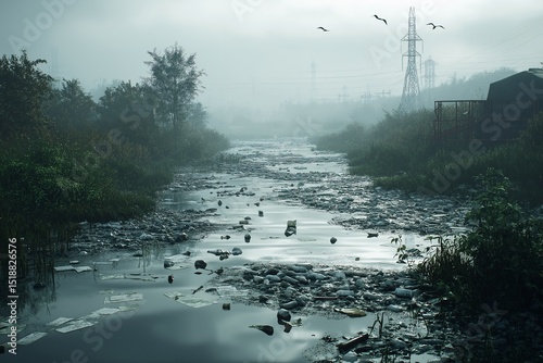 Pollution in River. Industrial Ruins and Trash Contaminate Urban Waterways - Environmental Landscape Photography