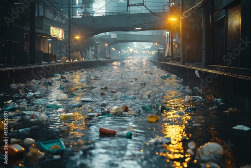 Urban River Pollution. Nighttime Cityscape Reflecting Garbage and Neon Lights