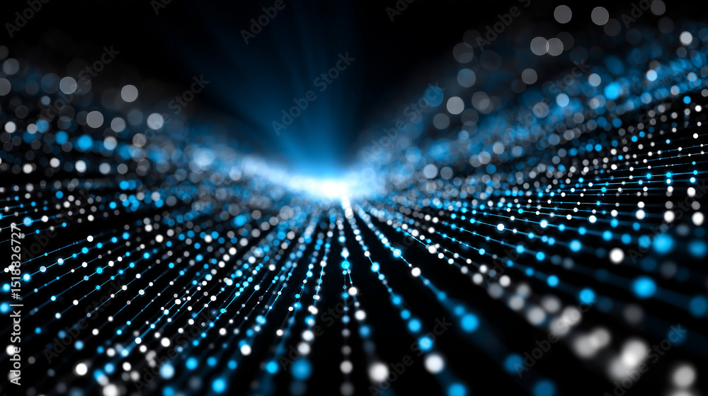 Fototapeta premium Digital Data Stream: A mesmerizing digital landscape of light and data, forming a river of information flowing towards a central point, hinting at the vastness and connectivity of the digital world.