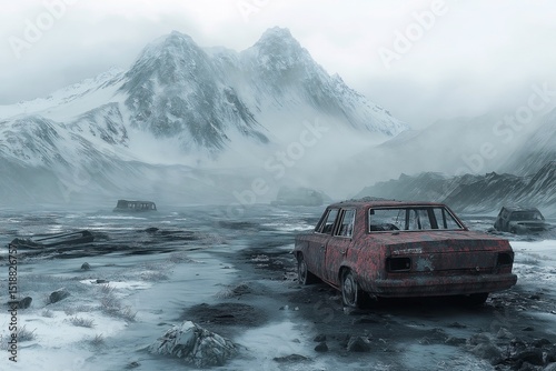 Exploration Theme. Abandoned Car in Snowy Mountain Wilderness - Atmospheric Winter Scene with Rusted Vehicle in Foggy Desolation