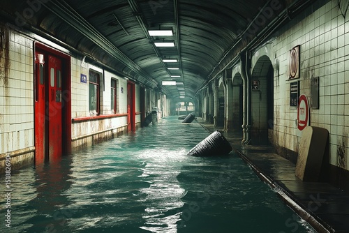 Abandoned Subway Tunnel Flood - Urban Disaster and Desolation in Creepy Underground Corridors