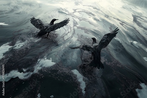 Soaring Corvid Over Dark Sea. Graceful Bird Behavior Amidst Stormy Marine Waters