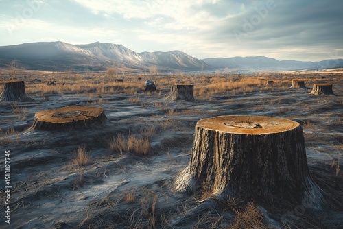 Deforestation Landscape at Sunset. Clearcutting Impact on Ecosystem and Environment