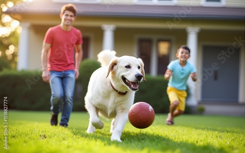 Joyful Young Couple with Kids, Playing Ball with an Energetic White Golden Retriever. Cheerful People Playing Football with Pet Dog on a Lawn in Their Front Yard in Front of the House. High quality