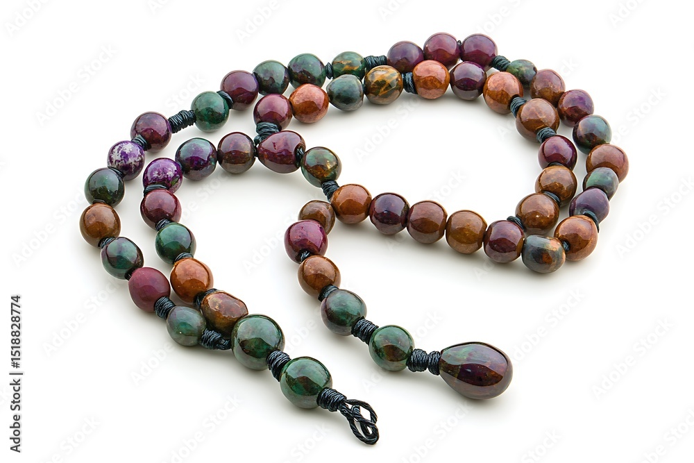 Obraz premium Colorful Gemstone Bead Mala on White. Round Beads, Tassel Pendant and Cord