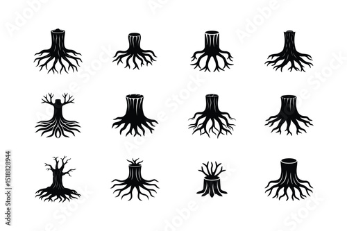 Tree Stump and Roots Silhouette Icon Set