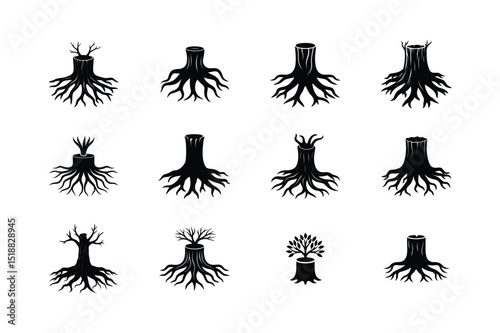 Tree Stump and Roots Silhouette Icon Set