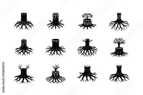 Tree Stump and Roots Silhouette Icon Set
