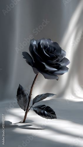 Elegant black rose with metallic sheen against a soft, draped background and shadows.
