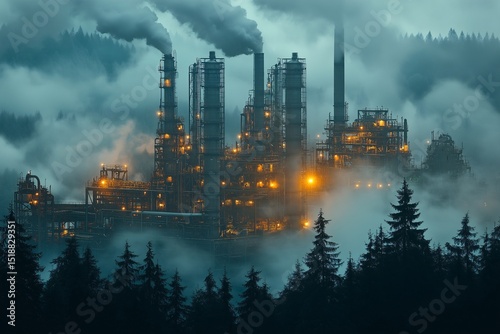 Industrial Factory Nightscape. Pollution and Environmental Impact in Rural Landscape with Smokestacks Emitting at Night