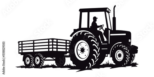 Farm Tractor with Trailer Silhouette.
