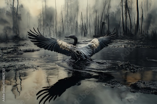 Wings of Serenity. Cormorant in Misty Wetlands at Dusk - Wildlife, Nature & Ecosystem Reflection
