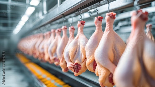 Chicken processing line poultry factory industrial scene clean environment close-up view food production photo