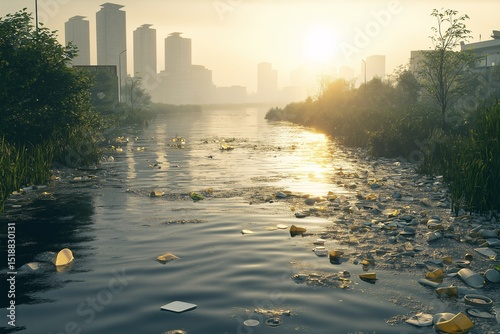 Urban Waterway Pollution and Cityscape Reflections at Sunrise. Exploring Sustainability Issues and Habitat Degradation