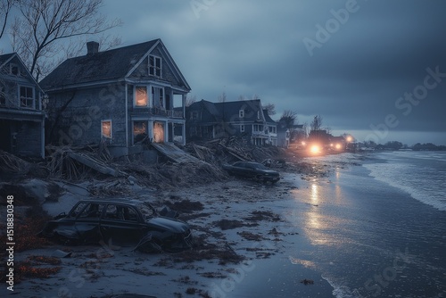 Abandoned Coastal House at Twilight. Storm Damage and Erosion Effects in a Deserted Beachside Town