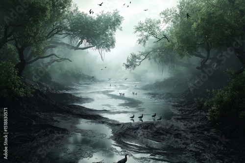 Serene Misty Forest Riverbank. Tranquil Wilderness Morning Light and Lush Greenery Reflection