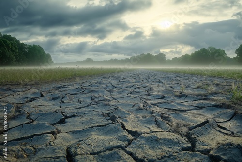 Dramatic Sky Over Cracked Earth. Drought Impact on Rural Farmland and Arid Landscapes Amid Climate Change Effects
