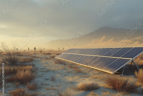 Solar Panels in Desert Landscape at Dusk. Renewable and Clean Energy Solution for Sustainability and Environmental Conservation