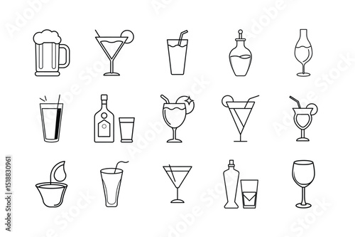 Cocktail and Drink Glass Line Icon Set