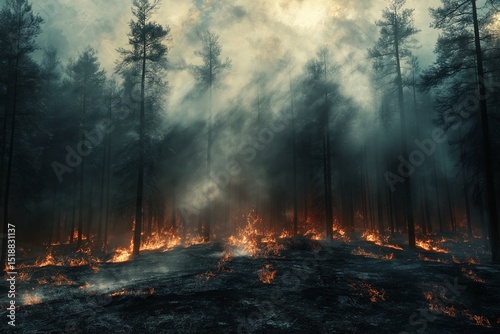 Widlifre Destruction & Climate Change. The Scorched Landscape of a Forest Fire - Wildlife, Environment, & Safety Risks
