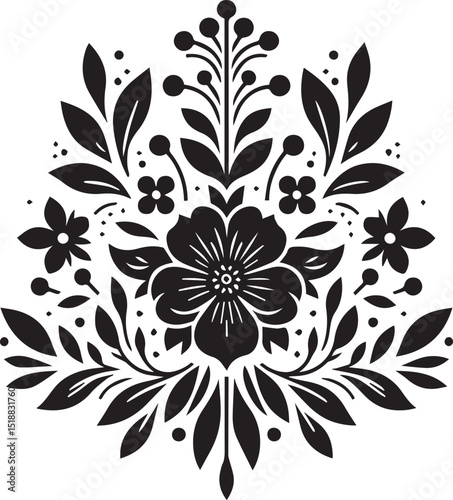 Intricate black and white floral motif design. Ideal for decorative patterns and ornamental elements. Suitable for artistic prints and textile designs.