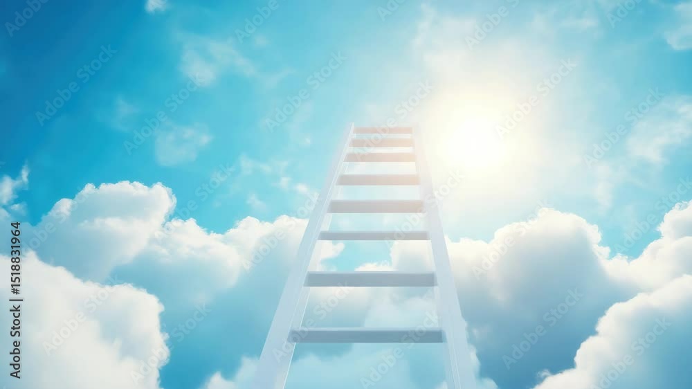 White ladder ascending step by step into bright blue sky with white clouds and sunlight, symbolizing hope and ascent toward new heights in serene atmosphere White ladder ascending step by step into bright blue sky with white clouds and sunlight, symbolizing hope and ascent toward new heights in serene atmosphere