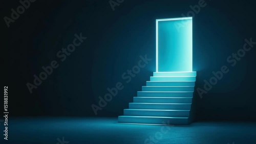 Open glowing door with stairs in dark room illuminated by blue light, mysterious entrance symbolizing opportunity and new beginning with bright glowing frame