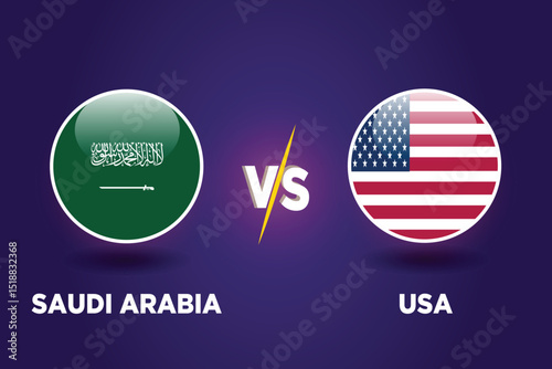 Saudi Arabia vs USA Soccer match concept. Graphic soccer template. Rival flags of both teams with football shape. KSA VS USA football match. 