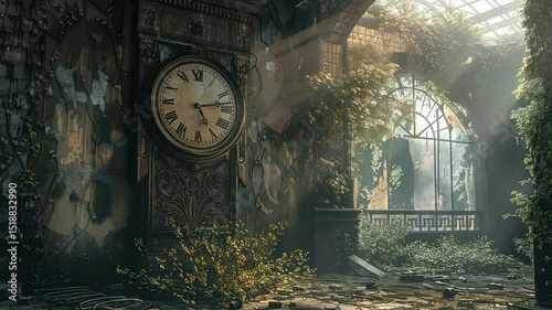 Overgrown clock in abandoned building with sunlight