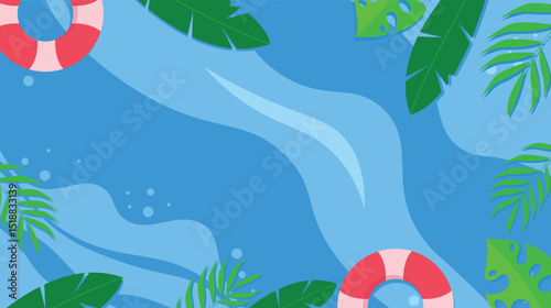 Summer Pool Relaxation Scene with Lifesavers and Tropical Leaves background