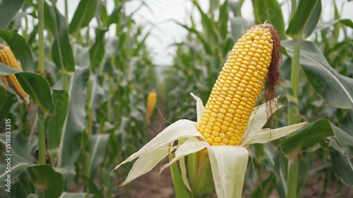 Ripe Yellow Corn Cob in Green Field