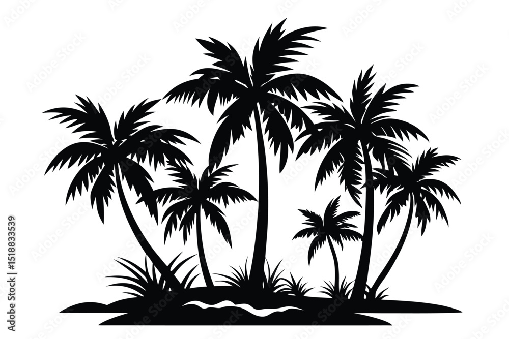 Fototapeta premium Tropical Island Silhouette with Palm Trees and Vegetation in Black