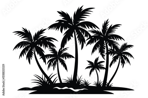 Tropical Island Silhouette with Palm Trees and Vegetation in Black