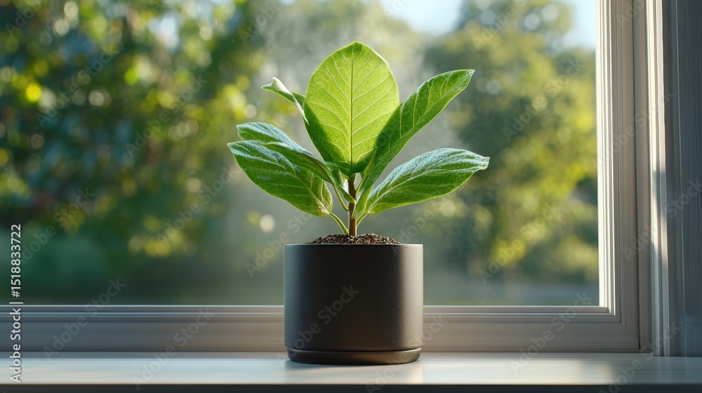 Close-up of a small green houseplant with broad leaves placed on a ill with blurred outdoor background Close-up of a small green houseplant with broad leaves placed on a ill with blurred outdoor background