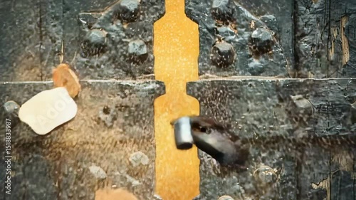 Rusty padlock on an old wooden door opening to a bright light, close-up shot