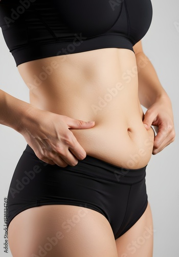 Close-up of a woman gently pinching her lower belly fat