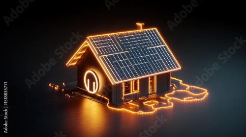 Glowing miniature house with solar panels illuminated by neon lights highlighting renewable energy and sustainable living