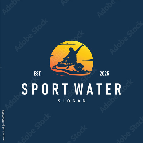 water sport jet ski logo design extreme ocean sport with simple concept black silhouette and vintage retro water racing illustration template symbol
