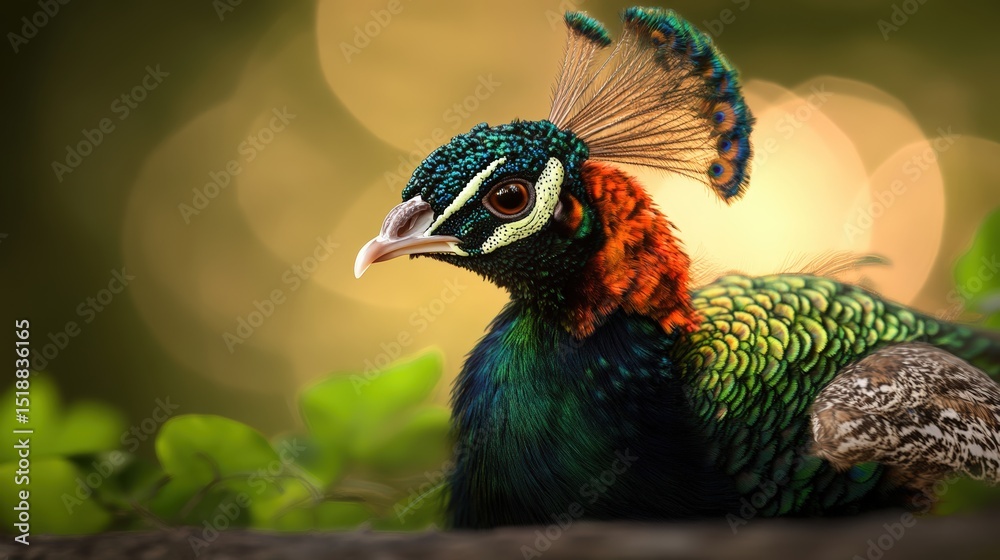 Obraz premium Close-up of a colorful peacock resting on a branch outdoors with blurred background and warm lighting