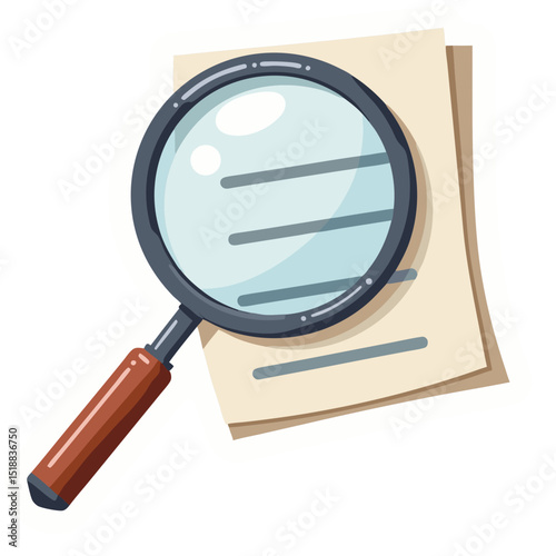 Cartoon magnifying glass examining document, exploring details, black background