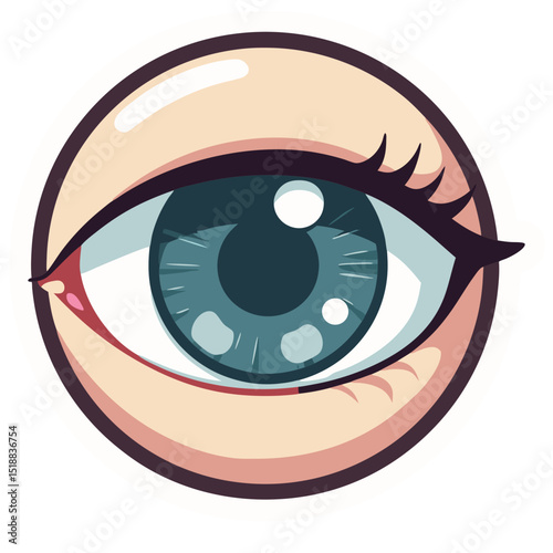 Illustration of a stylized eye with detailed iris and eyelashes on a circular sticker