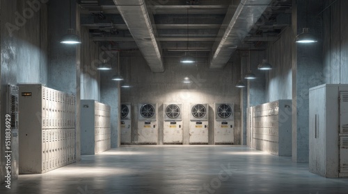 Empty industrial hallway with cooling equipment