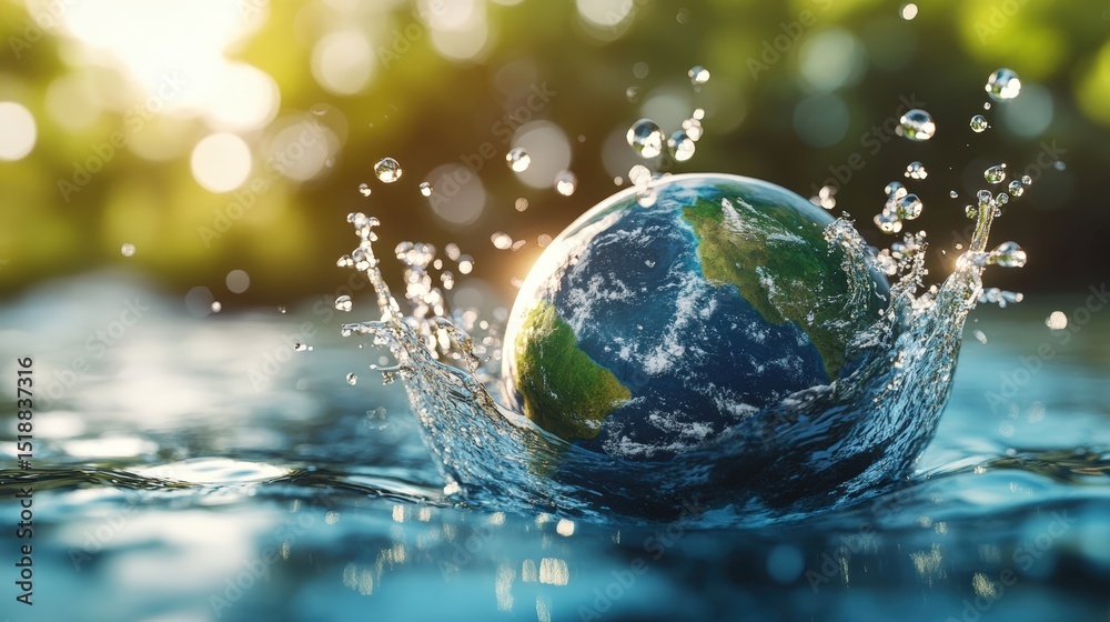 Small Earth Globe Floating on Water with Splash and Reflection Creating a Dynamic Scene