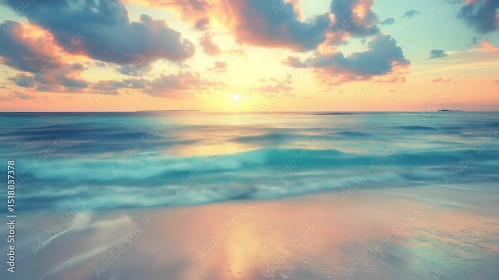 gentle turquoise ocean waves with soft white foam receding onto a light sandy beach at sunset
