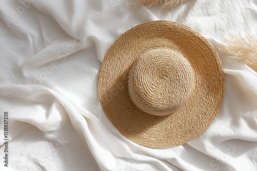 A light beige straw hat rests on a white fabric backdrop, sunlight casting shadows