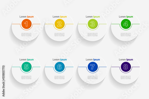 For business concept with 8 steps infographics, white circle shape and multicolor label ,design for workflow layout, diagram, annual report, web design. vector
